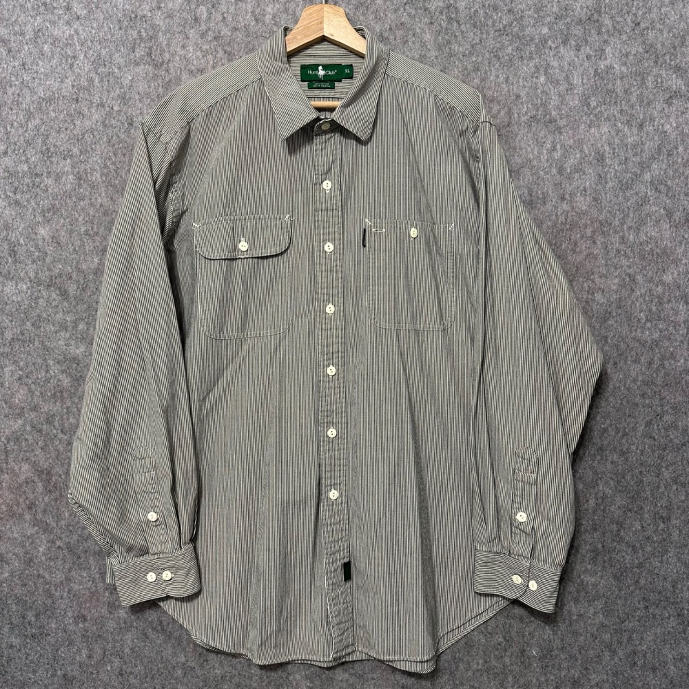 Hunt Club Mens XL Long Sleeve Button Up Shirt Striped Cotton Workwear Grey White